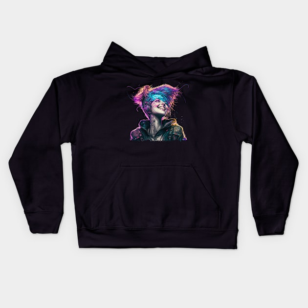 Cyberpunk Girl Smile Kids Hoodie by feel.digital